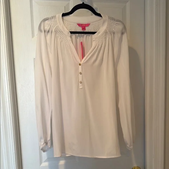 Women’s Lilly Pulitzer White 100% Silk Elsa Blouse Top- Large NWT - Picture 6 of 7